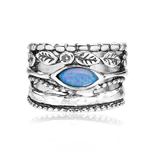 925 Sterling Silver Ring With Multi Textured, Marquise Shaped Opal Vintage Look Stylish Hypoallergenic, Nickel & Lead-Free, Artisan Handcrafted Designer Collection Made In Israel (Size 5-11) #TOP2