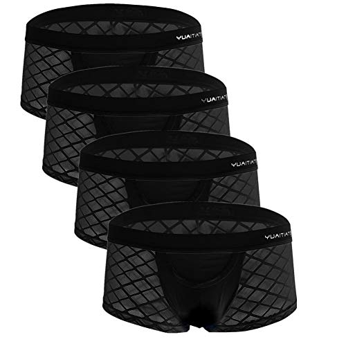 Juflam Herren Sexy Fishnet Durchsichtig Unterwäsche Mesh Stripe Boxer Briefs Transparente Badehose (X-Large, 4 schwarz) Cover