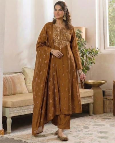 Image of ANNI Designer Women's Viscose Straight Printed Embroidery Kurta with Pant & Dupatta | Long Sleeve Ethnic Kurta Set for Women | Casual Office, Daily, Party Outfits