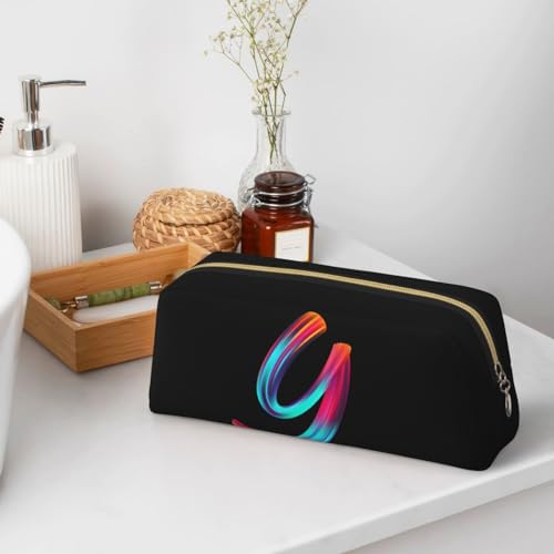 Image of Cute Initial Pencil Case for Kids Simple Leather Pencil Pouch for Boys Girls Letter Design Pencil Box Pen Bag Pencil Pouch Office Stationery Organizer, Rainbow Letter Y