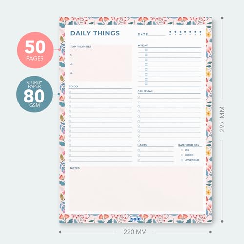 Image of SOLO 80 GSM Tear-Off Daily Planner with 50 Undated Sheets, Organiser to Track Productivity & Helps to Schedule Your Day, Manage To-Do List, Goals & Budget Tracker, Ideal for Office, Home & School
