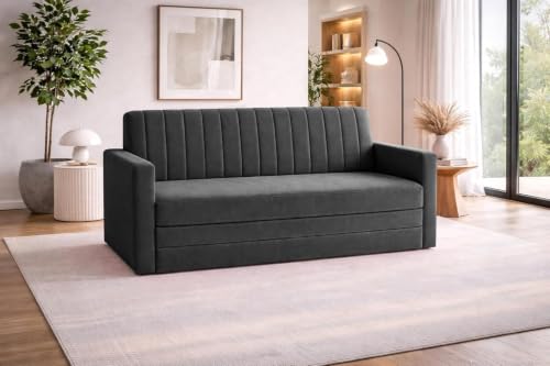 Image of Rosebell Foldable Sofa-Cum-Bed | Three-in-One Sofa Couch with Armrest | Modern Fabric Sofa for Living Room, Bedroom & Office-Black-Color