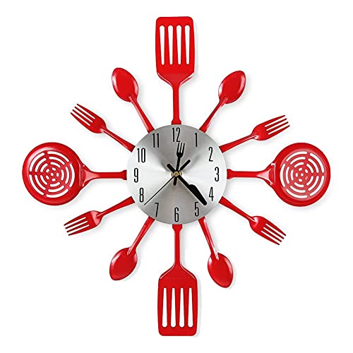 INFINETE Grande Horloge Murale de Cuisine de 16 Pouces avec CuillèRes et Fourchettes, Vaisselle 3D Horloge Murale DéCoration de (Rouge)