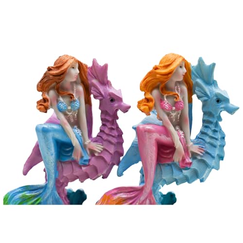 Estatua de sirena rosa con figura de caballito de mar en resina miniatura 4