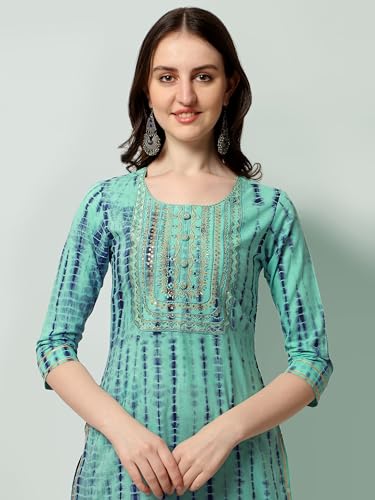 Image of MIRCHI FASHION Pure Cotton Women Straight Embellished Ajrakh Print Kurti Set with Dupatta and Pant