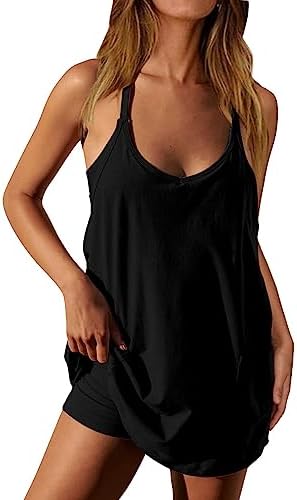 Womens Casual Mini Dresses Built in Shorts Tennis Workout Sleeveless Spaghetti Strap Romper Sundress Summer Jumpsuit - 2