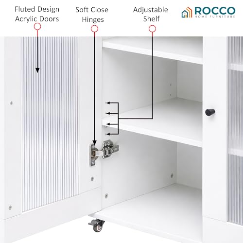 Image of Rocco Walky Kitchen Island Storage Cabinet with Wheels, Solid Rubber Wood Top, Fluted Acrylic Doors, Built-in Power Sockets & LED Lights, Soft-Close Hinges & Side Organizer (White, Medium Size)