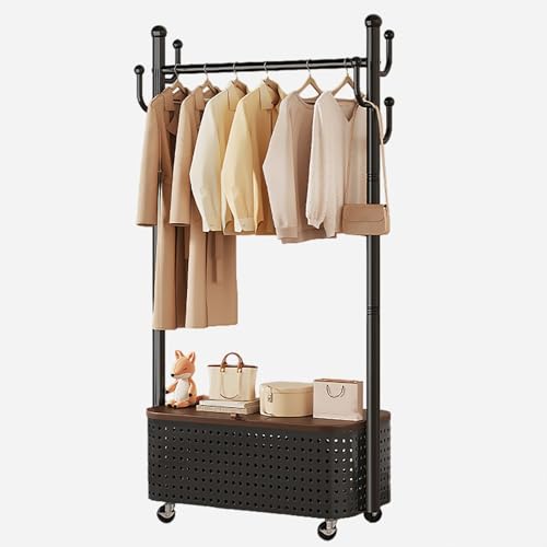 ZENSTYW Perchero Burro De Metal,Burro Ropa Con Ruedas Y Gancho,Organizador De Ropa,Con Cesta De Almacenamiento,Para Dormitorio,Sala De Estar(Black,83cm/32.7in)