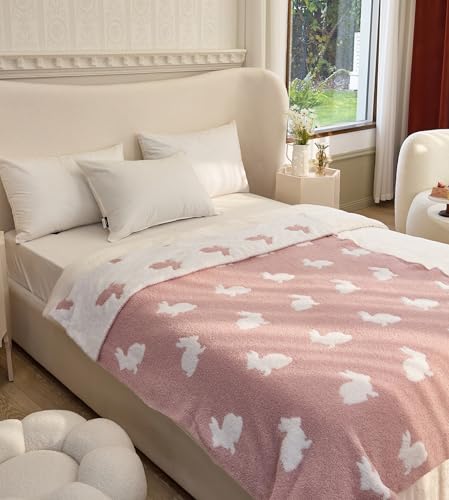 Image of Ultra Soft Cozy Happy Easter Rabbits Knitted Throw Blanket Fluffy Microfiber Checkerboard Bed Blanket Lightweight Both Sides Blanket for Couch Sofa Bed (Rabbit Pink, Throw 50 inchx60 inch)