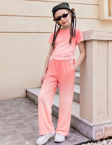 Image of Arshiner Girls 2 Piece Outfit Ruched Drawstring Tops and Wide Leg Pants Set