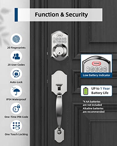 Fingerprint Keyless Entry Door Lock With Handle - Teeho Te002H Smart Keypad Deadbolt Set For Front Door - 0.3S Biometric Identify - Auto Lock - Ip54 Waterproof - Stain Nickel #TOP4