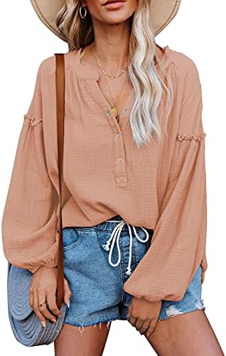 SHEWIN Women's Deep V Neck Lantern Sleeve Button Down Henley Shirt Fall Tunic Blouse Pullover Tops 1 SHEWIN Women's Deep V Neck Lantern Sleeve Button Down Henley Shirt Fall Tunic Blouse Pullover Tops