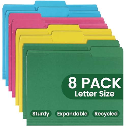 Colored File Folders 8 Packs, Letter Size, 1/3 Cut Tab. Chromatic Manila Folders 8.5 x 11 for Documents, File Folders with Foldable Lines for Easy Storage, Carpetas para Documentos for Office, School