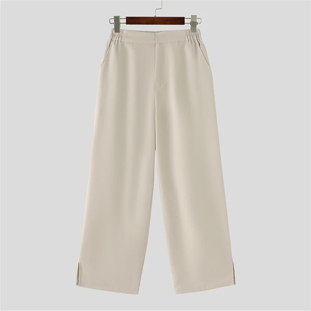 Women's Office Solid Color Straight Leg Pants Retro Split Work Pants Elastic Mid Waist Cut Pants