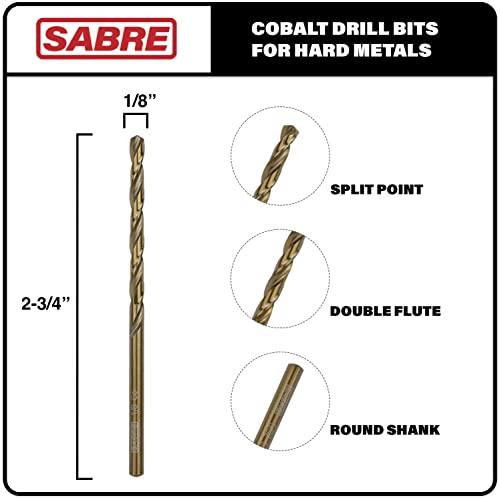 Sabre Tools 1/8 Inch Cobalt Drill Bits – 5Pcs Drill Bits For Metal, M35 Cobalt Metal Drill Bit Set, Split Point Tip Cobalt Drill Bits – Drill Bits For Steel, Hard Metal, Cast Iron (1/8" X 2-3/4") #TOP1