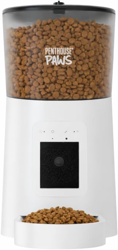 Penthouse Paws Smart HD Automatic Pet Feeder, 6L Dry Food Capacity, 1080p Camera, 2-Way Audio, Scheduled Meals, Backup Power, Easy to Clean, Anti-Jam Design for Cat & Dog, White