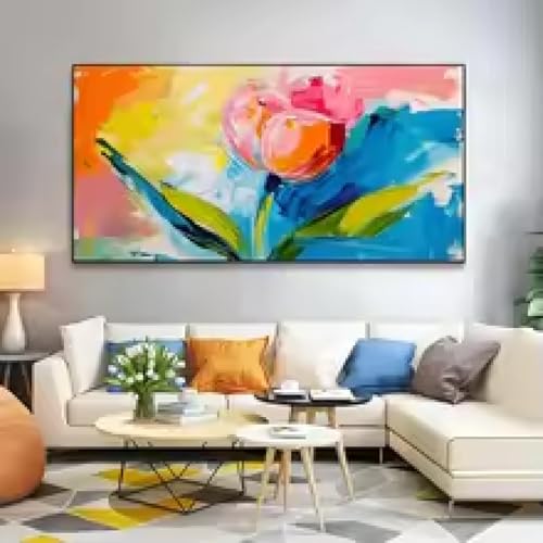 Peinture abstraite tulipes colorées pour habiller un grand mur vide de salon