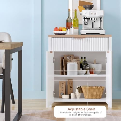 Image of Panana 2 Doors 1 Drawer Sideboard, Ribbed Style Storage Cabinet with Adjustable Shelves for Kitchen Living Room, Kitchen, Entryway (White)