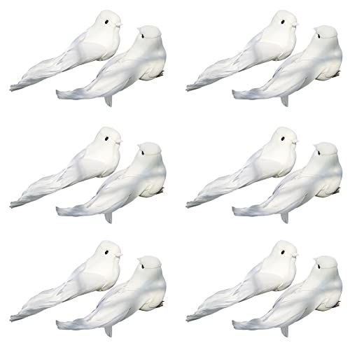 ISAKEN 12 Pcs Fake White Birds with Feather Decorative Artificial Doves Birds Fake Doves Artificia Bird Realistic Dove Crafts Ornaments for DIY Craft Home Ornaments Garden Wedding Decorative