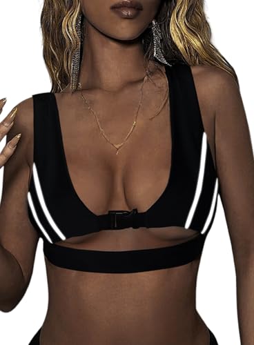 Reflective Rave Top for Women - Music Concert Crop Tank Y2K Buckle Underboob Shirt Sexy Bikini Bra Festival Outfits