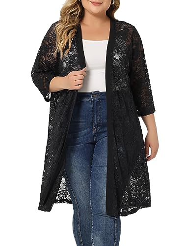 Agnes Orinda Plus Size Cardigans for Women Lace Cardigan Lightweight Crochet 3/4 Sleeve Cover Up Jacket2