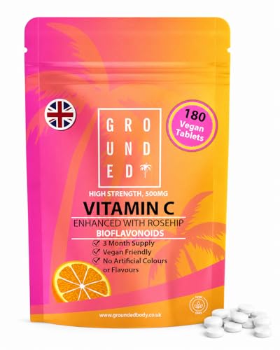 Vitamin C 500 mg Enhanced with Rosehip Bioflavonoids 3 Month Supply (180 Tablets) Vegan & Vegetarian Friendly High Strength Premium Dose Slow Release VIT C for Immune Support UK Made by Grounded
