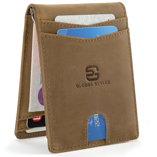 Compact Men's Bifold Wallet - Natural Real Leather RFID Blocking Card Holder with Money Clip Wallet Sleek Vintage Style (Brown)