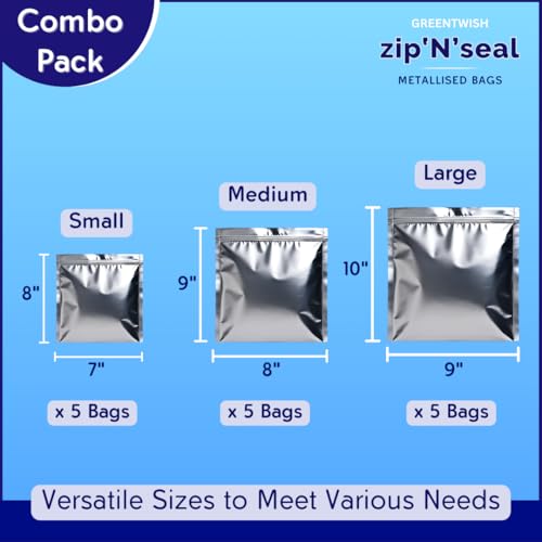 Image of GREENTWISH Zip 'N' Seal Metallised Silver Zip Lock Bags, Reusable Sandwich and Food Storage Bag, Airtight Foil Pouch with Zipper, Freezer Safe, Polyethylene | Small x 5, Medium x 5, Large x 5