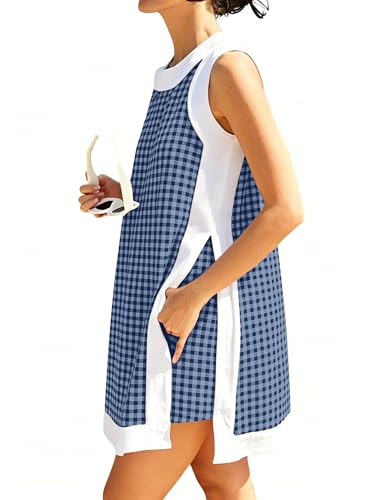 Image of Women's 2 Piece Sets Boho Color Block Dress Summer Casual Sleeveless Crewneck Tops Shorts Matching Set with Pockets