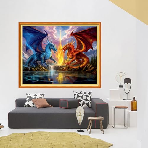 Image of Foxhool Stamped Cross Stitch Kits,11CT Printed Cross Stitch Pattern Full Embroidery Kits for Beginner Needlepoint Kits-Two Dragons 16x20 inch