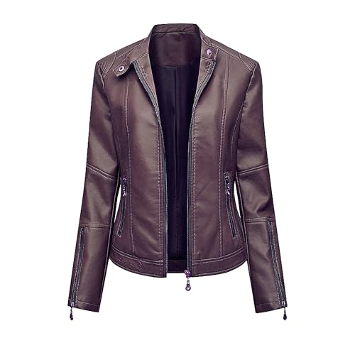 Manteau décontracté femme similicuir violet grand taille 3XL col montant zippé