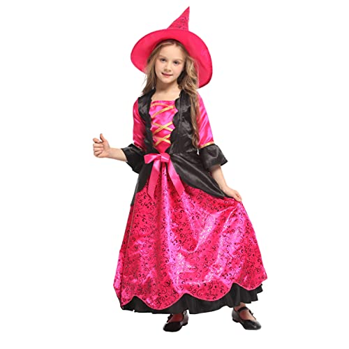 Hallojojo Déguisement Sorcière avec Chapeau Fille Costume Halloween Enfant Costume de Sorcière Robe de Fête Halloween Carnaval Cosplay Rose (3-9 Ans) Cover