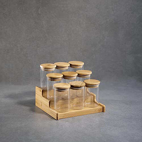 KIT 9 POTES HERMÉTICO 200ML COM TAMPA DE BAMBU E RACK ORGANIZADOR DE BAMBU - OIKOS