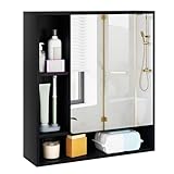 Giantex Bathroom Medicine Cabinet with Mirror, Wall Mounted Medicine Cabinet w/Single Door, 3 Open Shelves & Adjustable Shelf, Space-Saving Hanging Storage Cabinet for Living Room, Hallway (Black)