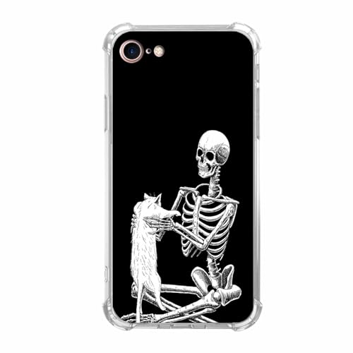 Tobelint Case for iPhone SE2/SE3/7/8 with Skull Design,Cool Skeleton and Cat Pattern for Men Women,Clear Slim Soft TPU Bumper Case,4.7”(Skull,7)