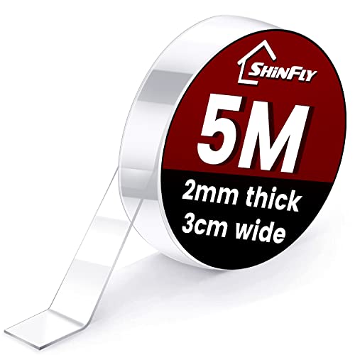 shinfly NOT-B01 - ​5 Metri Nastro Biadesivo Extra Forte, shinfly Nano Nastro Biadesivo Trasparente, non Lascia Tracce Riutilizzabile Adesivo di Montaggio Per Foto Tappeti (5meter x 3cm x 2mm)