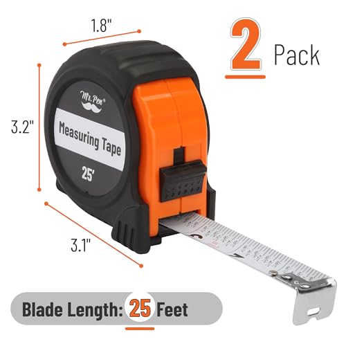 Image of Mr. Pen- Retractable Tape Measure 25 ft, 2 Pack, Orange, Steel Retractable Measuring Tape with Fractions