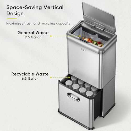 Image of EKO Vintage 50L / 13.2 Gallon Motion Sensor Trash Can, Dual Compartment 32L + 18L Stainless Steel Kitchen Garbage Bin, Touchless Automatic Waste & Recycling Bin with Lid for Home or Office