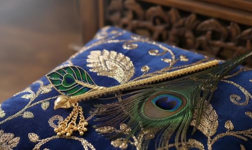Image of Krishna Flute, Decorative Bansuri with Green Peacock Feather Pattern, Gold-Toned Metal for Laddu Gopal and Thakur Ji Idols