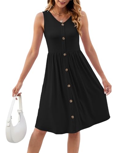 Image of KUOTAI Womens Summer Dresses Sleeveless Casual Loose Swing Button Down Midi Dress V-Neck Flowy A-Line Sundress