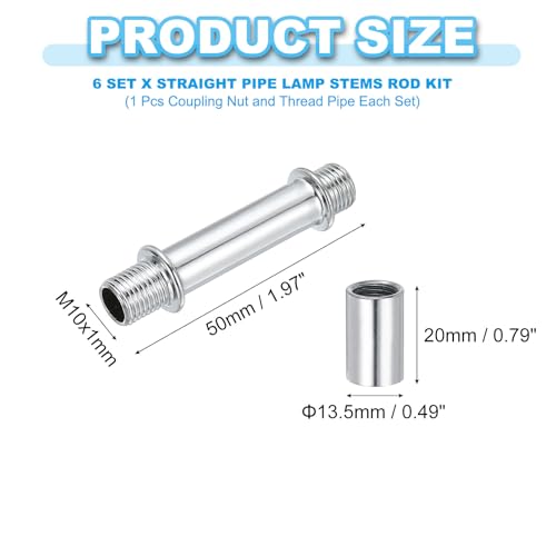 Image of PATIKIL Straight Pipe Lamp Stems Rod Kit, 6 Set M10 Carbon Steel 50mm(1.97 inch) Long Double End Thread Rod with Coupling Nuts Sleeve Connector for Table Lamps Chandeliers, Silver Tone