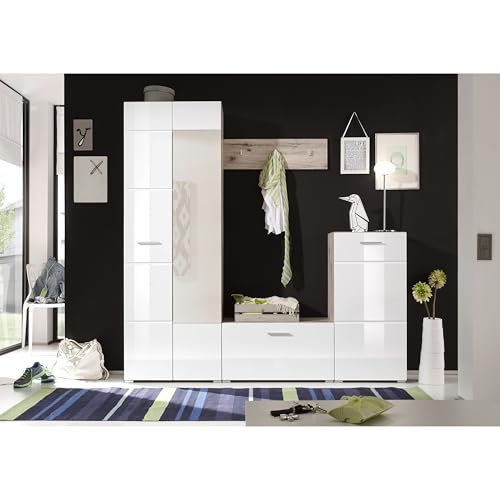 Sixx Flurgarderoben Set in Weiß Hochglanz/Sandeiche Optik - Moderne Kompaktgarderobe 4-teilig für Ihren Eingangsbereich - 195 x 195 x 36 cm (B/H/T)