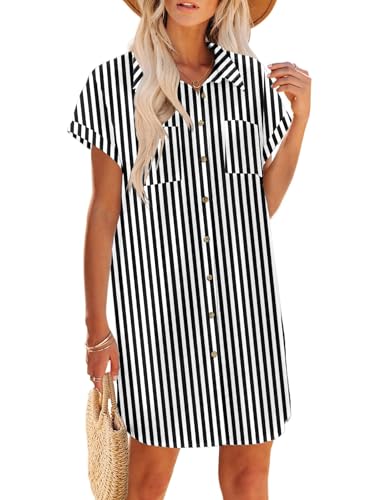 Image of Zeagoo Summer Dresses for Women 2026 Cotton Button Down Short Sleeve Tshirt Dresses Casual Mini Beach Dress
