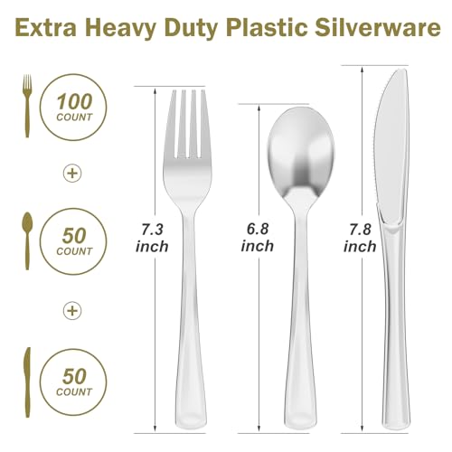 Dealusy 200 Count Heavy Duty Silver Plastic Silverware, 100 Forks, 50 Spoons, 50 Knives, BPA-Free, Heat Resistant, Disposable Plastic Utensils Set Cutlery Set, Plasticware Bulk