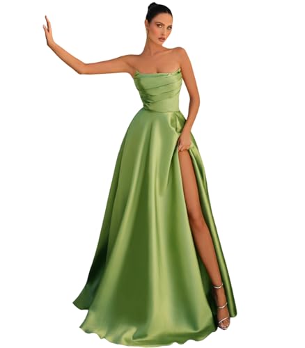 Women's Satin Prom Dresses 2025 Strapless A-line Formal Gowns High Slit Pleated Evening Gowns
