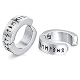 FLHEART Norse Viking Hoop Earring for Men - Amulet Protection Jewellery Gifts Stainless Steel Men's Non Piercing Clip On Earrings with Nordic Elder Futhark Runes, Silver, 1 Pair