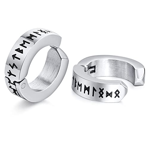 FLHEART Norse Viking Hoop Earring for Men - Amulet Protection Jewellery Gifts Stainless Steel Men's Non Piercing Clip On Earrings with Nordic Elder Futhark Runes, Silver, 1 Pair
