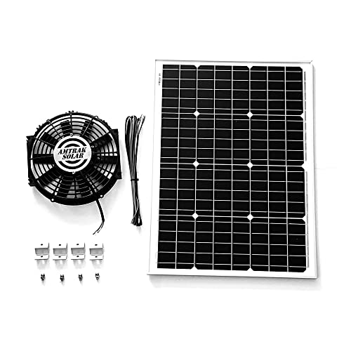 Amtrak Solar 12-Inch Solar Attic Fan with Thermostat – Quiet Waterproof Vent for Garage, Attic, Greenhouse – Plug & Play Cooling System – High-Efficiency Monocrystalline Panel – Made in USA
