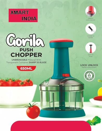Image of Xmart India Chopper for Kitchen Use, 650ml Push Chopper with 3 Blades, Vegetable Cutter Kitchen Accessories Items for Home Cutting Vegetables, Onion, Ginger, Garlic, Salad, Tomato, Potato