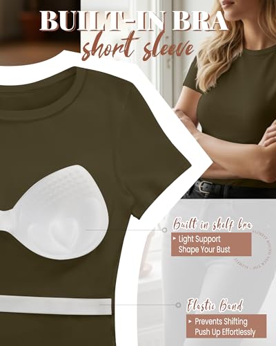 Image of Evervibe Women Built-in Bra Short Sleeve Shirts Crewneck T-Shirt Slim Fit Going Out Tops Casual Summer Basic Tees